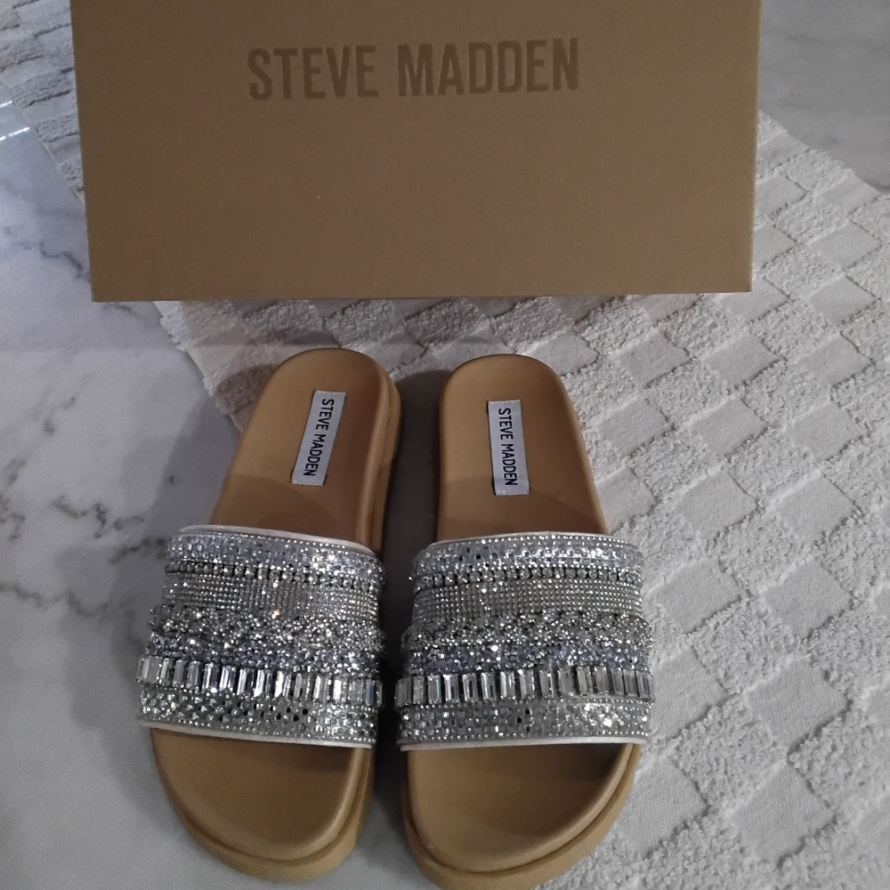 Steve Madden Silver Embellished Slide Sandals